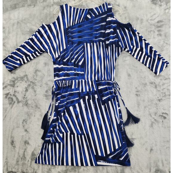 Calvin Klein Dress Womens 8 Blue Cold Shoulder Tassel Tie Waist Stretch Jersey - Picture 4 of 10